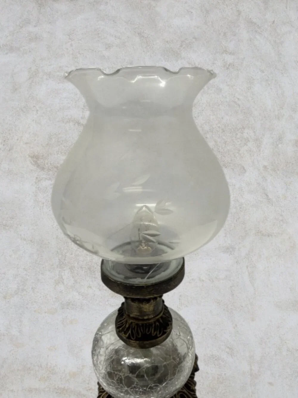 HURRICANE LAMP -- Etched Glass Shade, Crackle Glass Base, Electric, Vintage